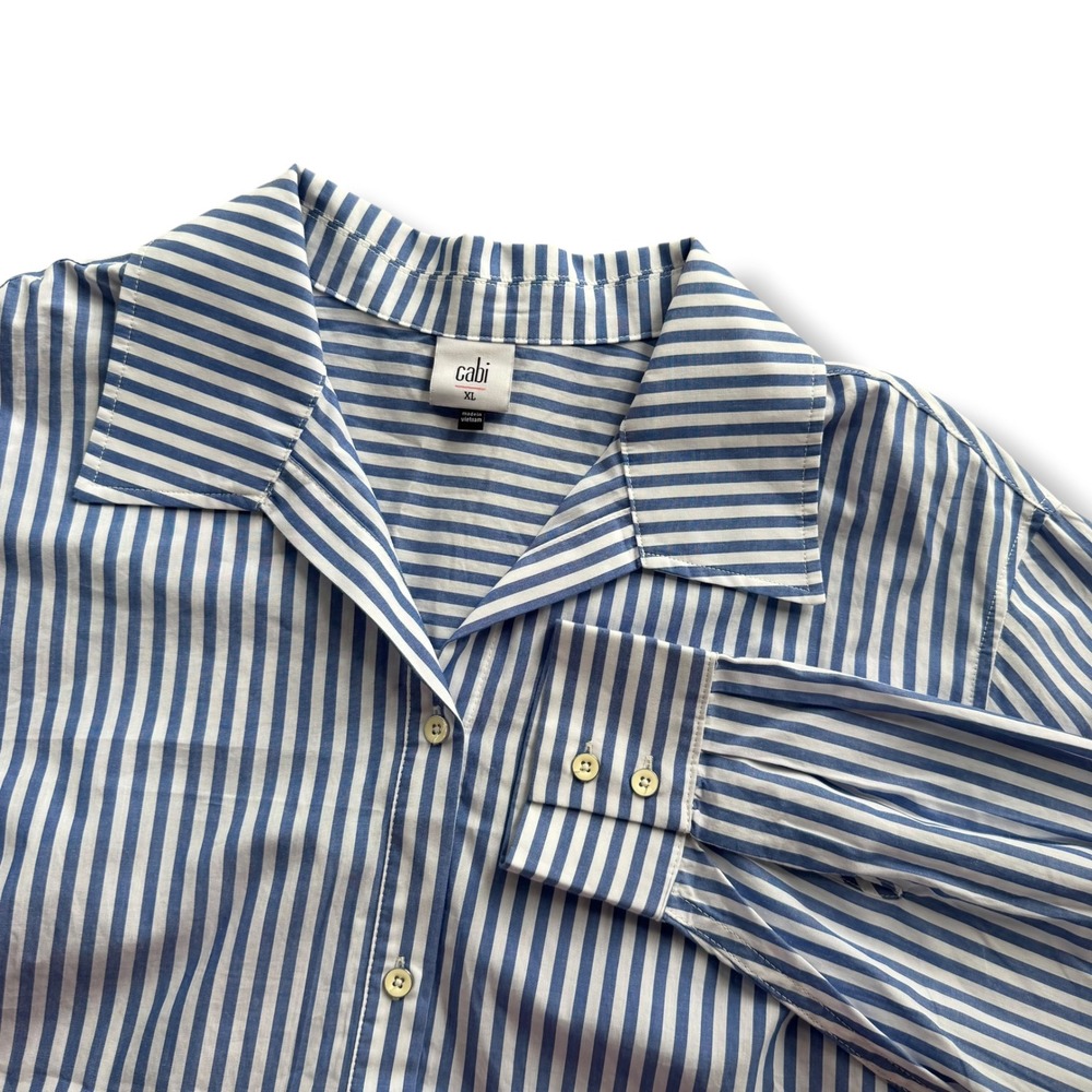Cabi XL Blue White Stripe Cotton Button Down Prep School Shirt Relaxed Crop 6085
